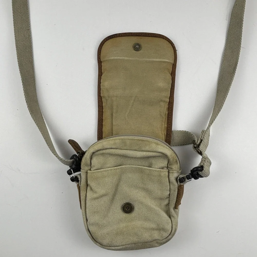 VTG L.L. Bean Canvas Crossbody Bag Small‎ Tan Brown Leather Trim Messenger 6x6in